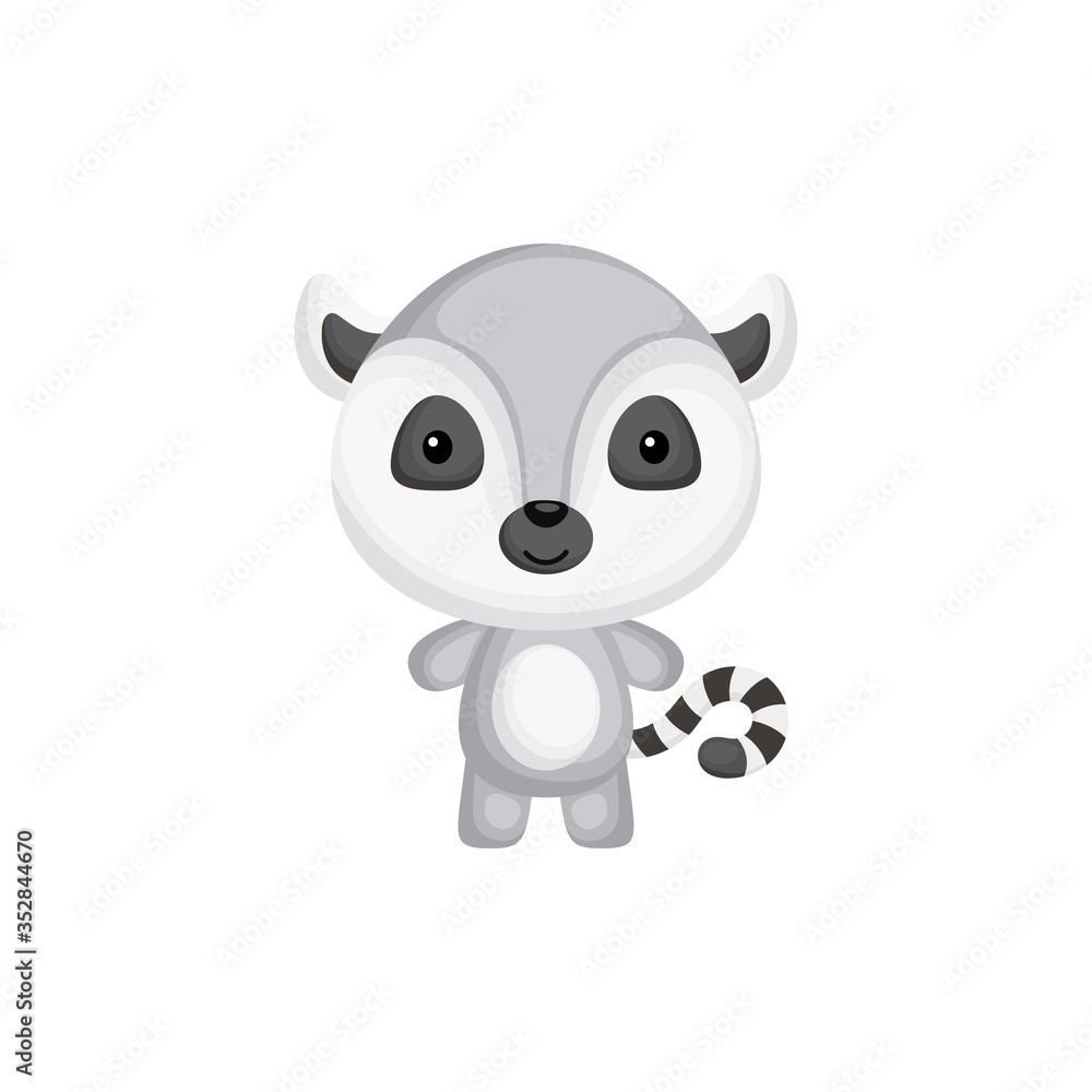 Cute funny baby lemur isolated on white background. Wild adorable animal character for design of album, scrapbook, card and invitation. Flat cartoon colorful vector illustration.