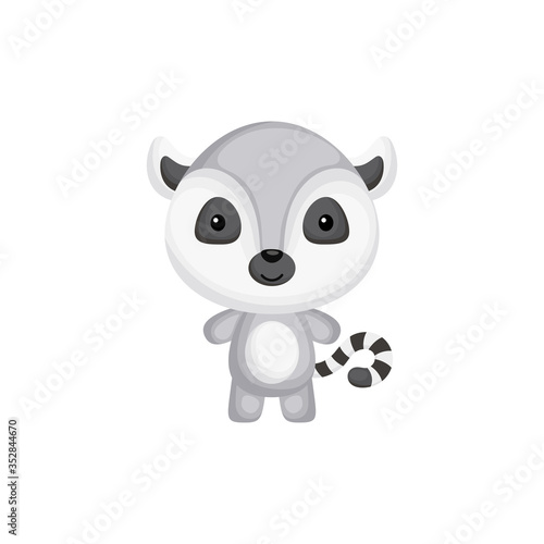 Cute funny baby lemur isolated on white background. Wild adorable animal character for design of album  scrapbook  card and invitation. Flat cartoon colorful vector illustration.