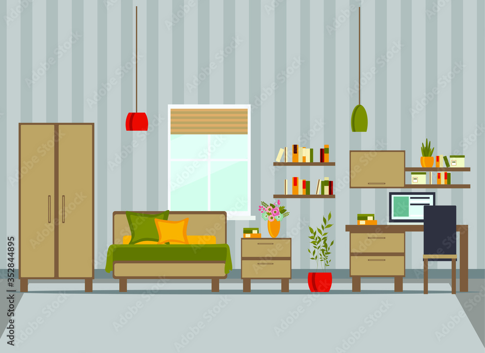 children's room with furniture, bed, computer desk, wardrobe, shelves, computer, flat vector illustration children's room with furniture, bed, computer desk, wardrobe, shelves, computer, flat vector illustration