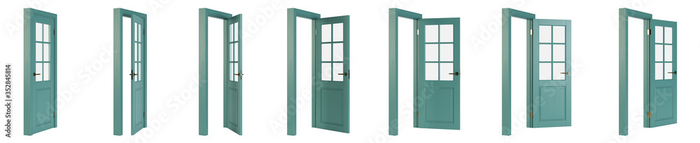 Interroom door isolated on white background. Set of wooden doors at different stages of opening. 3D rendering. Interroom door isolated on white background. Set of wooden doors at different stages of opening. 3D rendering.