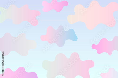 Abstract clouds banner. Gradient clouds on blue sky background. Purple, pink, blue colorful hand-drawn cumulus clouds. Copy space. Summer bright landscape. Light gradient stock vector illustration