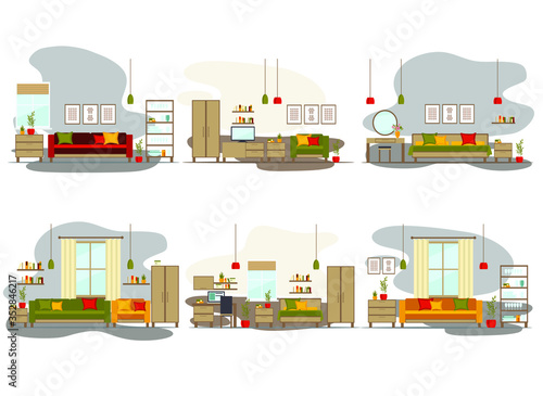 set of living room interior with furniture, TV, table, shelves with books and home flowers, floor lamp. flat cartoon vector illustration