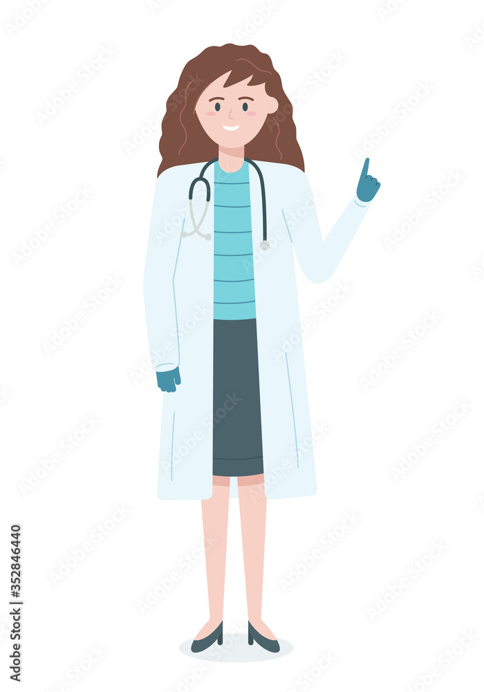Happy female doctor or nurse in uniform with hand with index finger pointing up Happy female doctor or nurse in uniform with hand with index finger pointing up