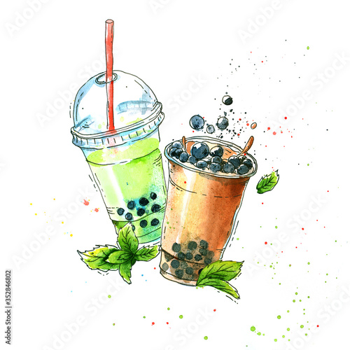 Fotografie Bubble tea; tapioca cocktail with blackberries and mint leaves