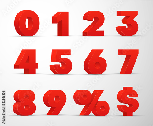 3D red numbers, percent, dollar sign set. Volumetric digits from zero to nine.