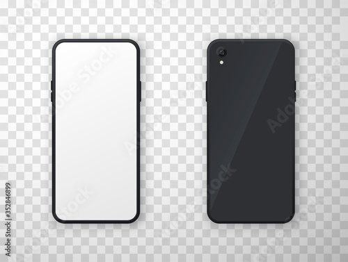 Mobile phone front and back view realistic template. Frameless smartphone detailed mock up.