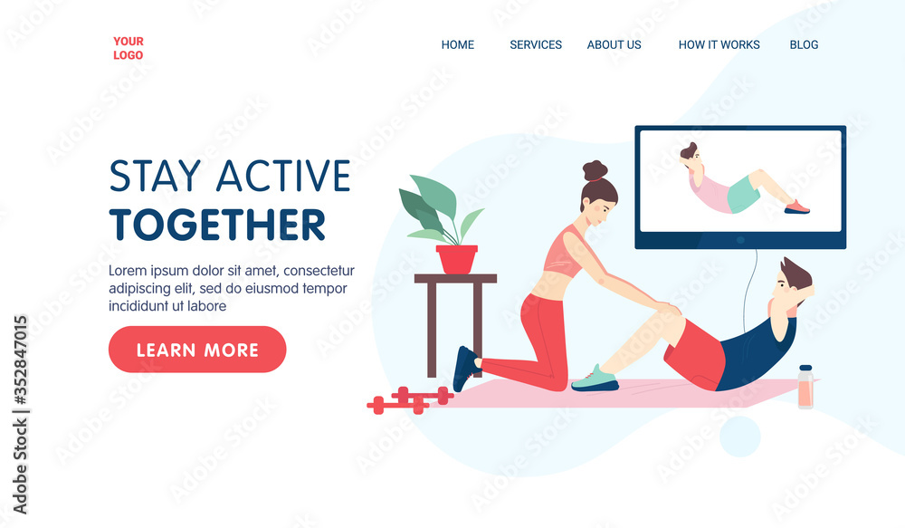 Fitness online landing page concept. Young couple doing fitness at home together using their TV. Vector cartoon illustration for website or banner