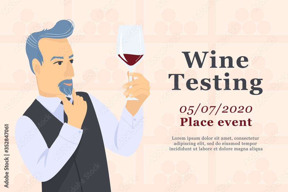 Wine testing design concept. Bearded man holding wine glass in his hand, looking at it and tasting it. Vector cartoon illustration for flyer, banner Wine testing design concept. Bearded man holding wine glass in his hand, looking at it and tasting it. Vector cartoon illustration for flyer, banner