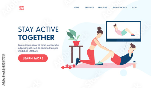 Fitness online landing page concept. Young couple doing fitness at home together using their TV. Vector cartoon illustration for website or banner