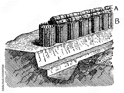 Trench with Fascines and Gabions, vintage illustration.