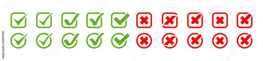 Check Marks with Crosses vector icons big collection. Check Marks with Crosses different shapes, isolated on white background. Check Marks icons and Crosses in modern simple flat design. Eps10 Check Marks with Crosses vector icons big collection. Check Marks with Crosses different shapes, isolated on white background. Check Marks icons and Crosses in modern simple flat design. Eps10