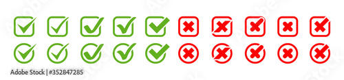 Check Marks with Crosses vector icons big collection. Check Marks with Crosses different shapes, isolated on white background. Check Marks icons and Crosses in modern simple flat design. Eps10