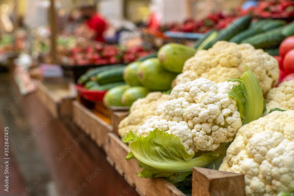 cauliflower at the grocery market close up. Sale of products.