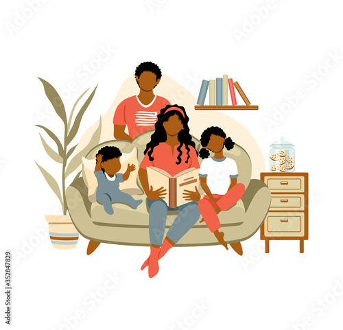 Happy african american family with children at home. People sitting on the sofa and mom reading book for kids. Family lifestyle concept. Cozy vector illustration drawing in flat style