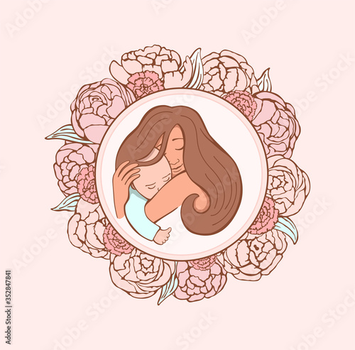 Mom hugs baby on pink background with flowers wreath. Happy motherhood, parental care and love concept. Invitations and greeting cards template. Vector illustration in hand drawn style.