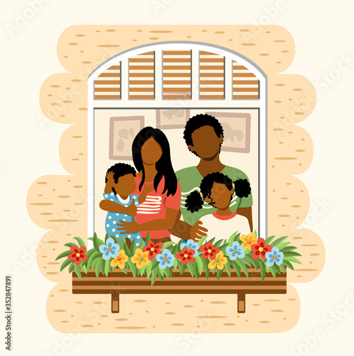 Happy african american family staying by the window together at home. Family lifestyle concept.  Vector illustration drawing in flat style