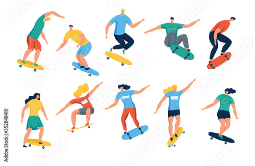 Young women and men skateboarding. Teenage girls and boys or skateboarders riding skateboard. Cartoon characters isolated on white background. Flat vector illustration.