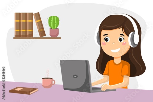 Online learning young girl studying at a laptop vector illustration concept © JulsIst