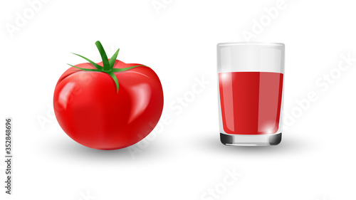 Realistic red tomato with green leaves. A glass of natural freshly squeezed tomato juice. Isolated drawing on a white background. For promotional products. Vector