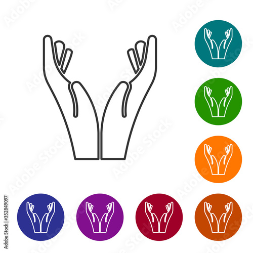 Black line Hands in praying position icon isolated on white background. Prayer to god with faith and hope. Set icons in color circle buttons. Vector Illustration