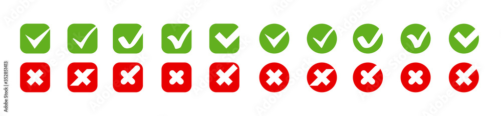 Check Marks with Crosses vector icons big collection. Check Marks with Crosses different shapes, isolated on white background. Check Marks icons and Crosses in modern simple flat design. Eps10 Check Marks with Crosses vector icons big collection. Check Marks with Crosses different shapes, isolated on white background. Check Marks icons and Crosses in modern simple flat design. Eps10