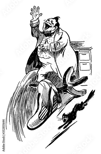 Large Man Running From Desk, vintage illustration.