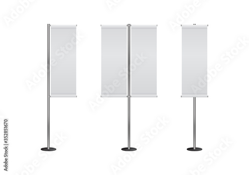 Set of outdoor stand blank flags, advertising banner on metallic flagpole, isolated vector on white background.