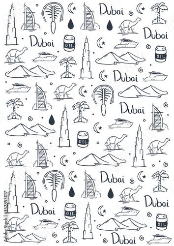 UAE. Travel to Dubai. Hand draw doodle background. Vector illustration.