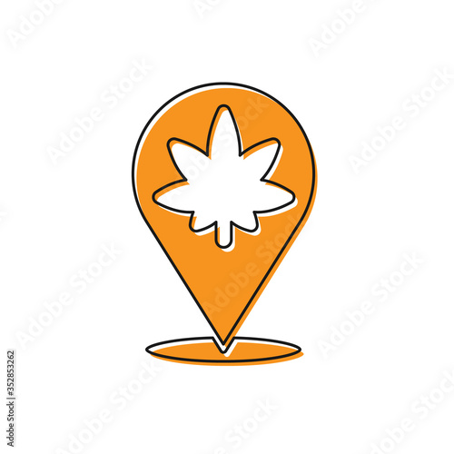 Orange Map pointer and marijuana or cannabis leaf icon isolated on white background. Hemp symbol. Vector Illustration