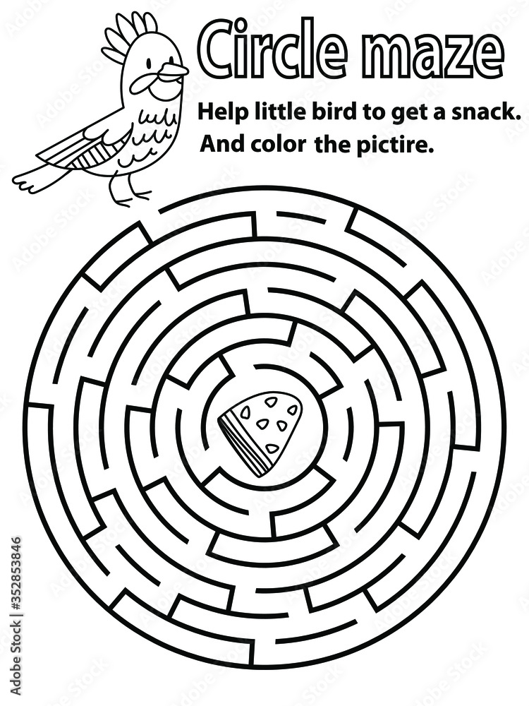 Circle maze puzzle with bird. Round maze black and white stock vector illustration. Children worksheet with animal and food and coloring. Printable educational entrance and exit labyrinth for kids. Circle maze puzzle with bird. Round maze black and white stock vector illustration. Children worksheet with animal and food and coloring. Printable educational entrance and exit labyrinth for kids.