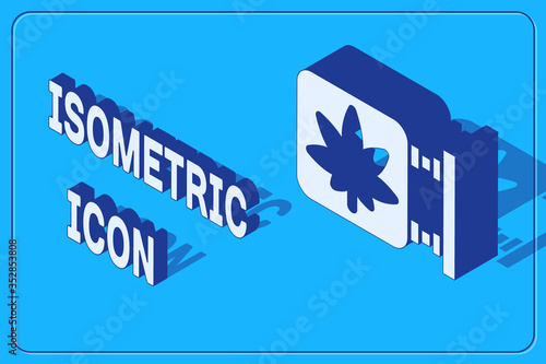 Isometric Marijuana and cannabis store icon isolated on blue background. Equipment and accessories for smoking, storing medical cannabis. Vector Illustration