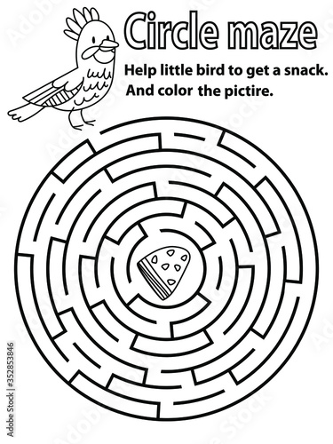 Circle maze puzzle with bird. Round maze black and white stock vector illustration. Children worksheet with animal and food and coloring. Printable educational entrance and exit labyrinth for kids.