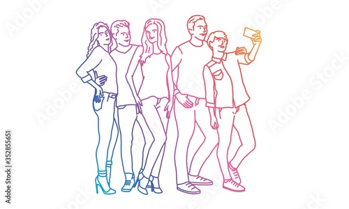Group of friends making selfie photo. Rainbow colors in linear vector illustration.