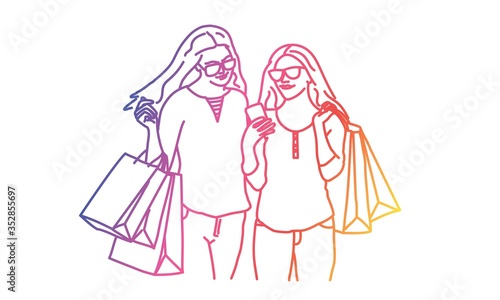 Beautiful girls carrying shopping bags reading text message. Rainbow colors in linear vector illustration.