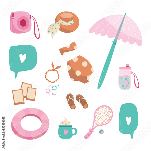 cute summer pink-turquoise set: swimsuit, slippers, rubber ring, beach umbrella, water bottle, cocoa mug, hat, tennis racket. modern simple flat vector illustration