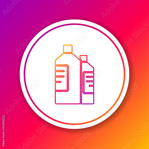 Color line Plastic bottles for laundry detergent, bleach, dishwashing liquid or another cleaning agent icon isolated on color background. Circle white button. Vector Illustration