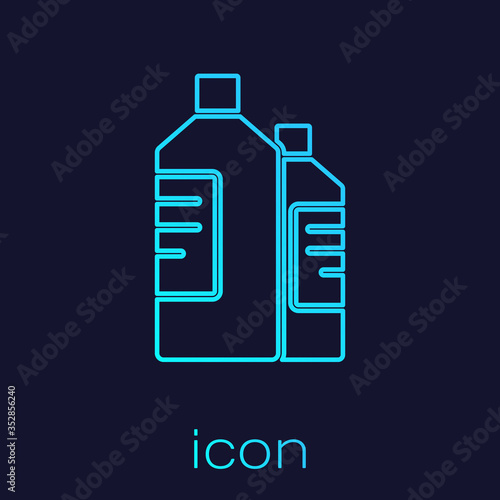 Turquoise line Plastic bottles for laundry detergent, bleach, dishwashing liquid or another cleaning agent icon isolated on blue background. Vector Illustration