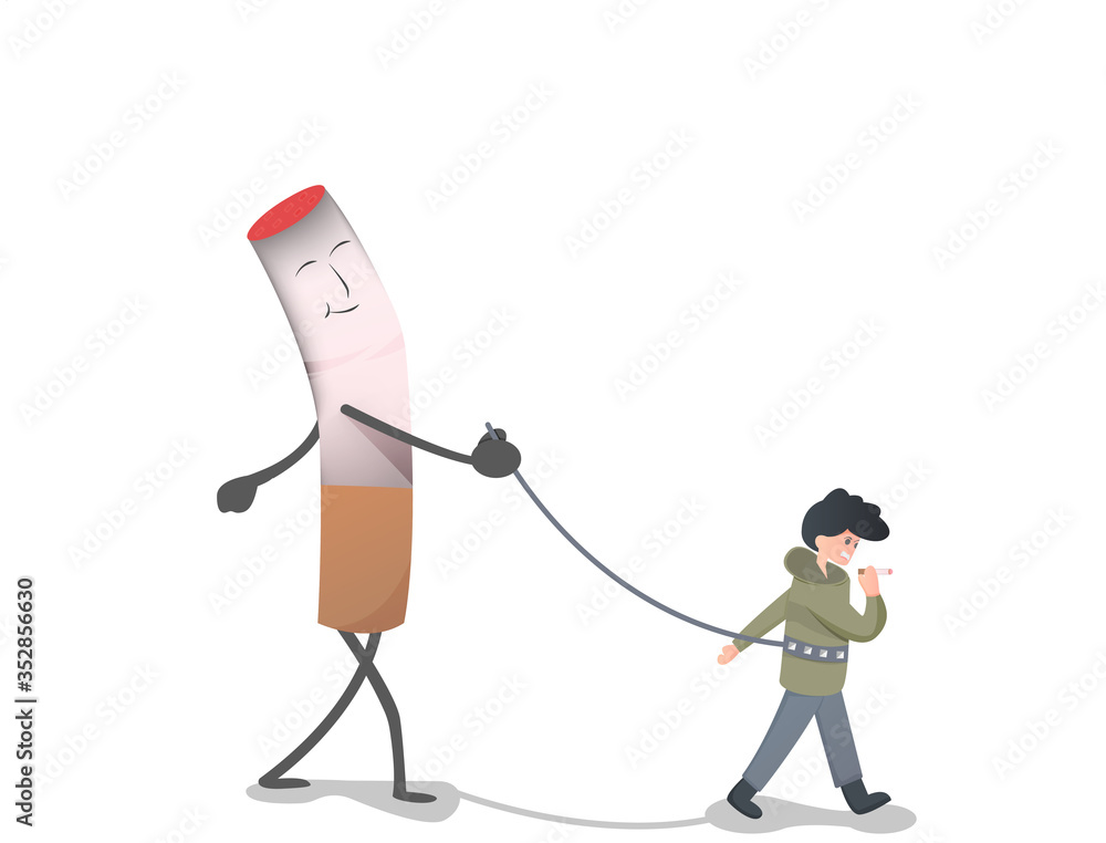 isolated cartoon illustration of a man addicted to cigarettes. no ...