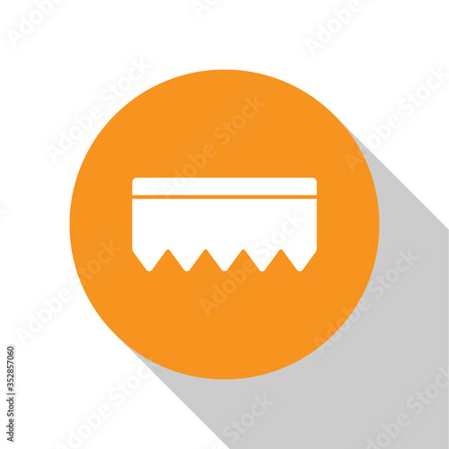 White Sponge with bubbles icon isolated on white background. Wisp of bast for washing dishes. Cleaning service logo. Orange circle button. Vector Illustration