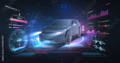Concept of smart car technology. Car isometric hologram, in HUD style. Electric auto. Hologram car in low poly style. Futuristic car concept with dashboard speedometer, diagnostics. ( HUD, GUI, VFX )
