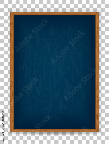 Empty menu board. Realistic blank blue chalkboard in wooden frame. Rubbed out dirty chalkboard. Background for school or restaurant design, menu. Blackboard isolated over whit background. Vector