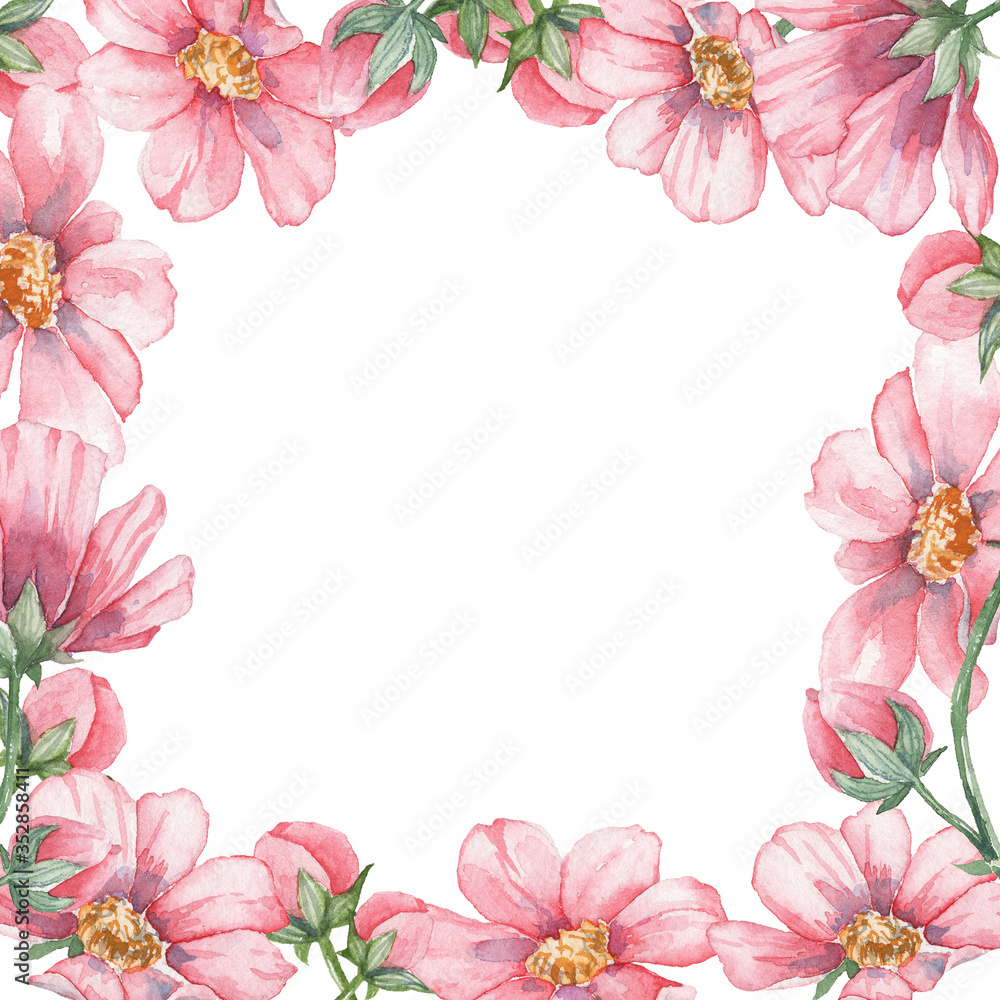 Square card template with copy space. Watercolor hand drawn pink flowers