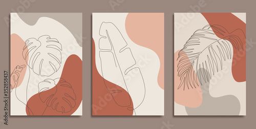 Creative art prints with linear tropic leaves composition. Eps10 vector.