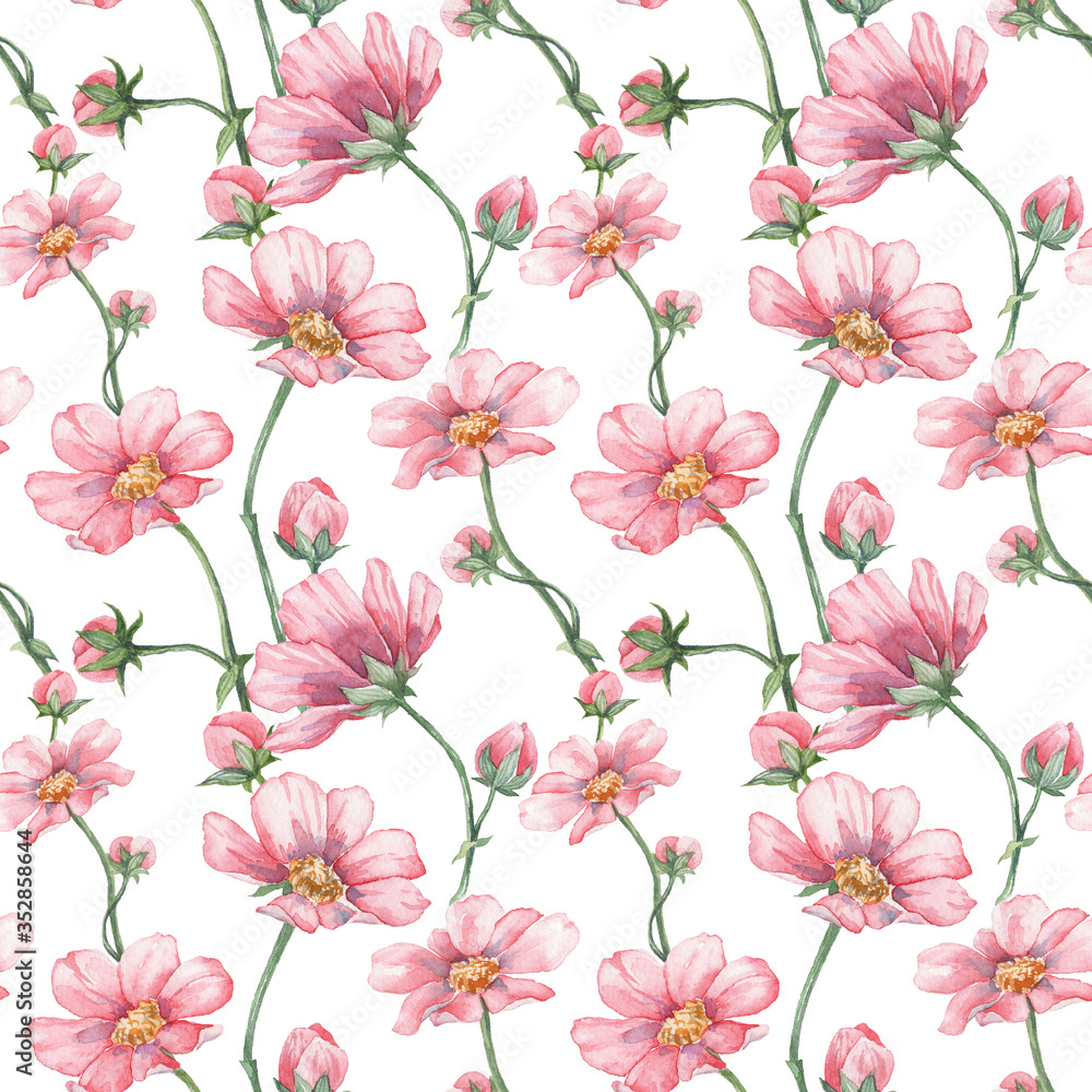 Seamless pattern with watercolor hand painted pink flowers
