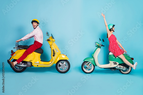 Canvas Print Full body profile side photo funky energetic two people driver ride rider motor
