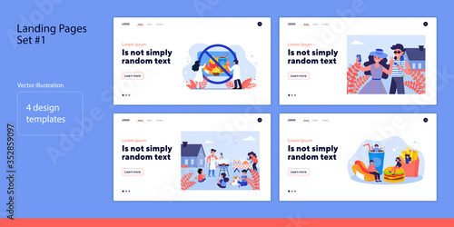 Set of people with heathy and unhealthy food. Flat vector illustrations of men and women eating and relaxing together. Vacation and lifestyle concept for banner, website design or landing web page