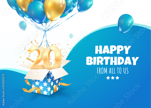 Celebrating of 20 th years birthday vector 3d illustration. Twenty anniversary celebration. Open gift box with explosions confetti and two and zero golden numbers flying on balloons