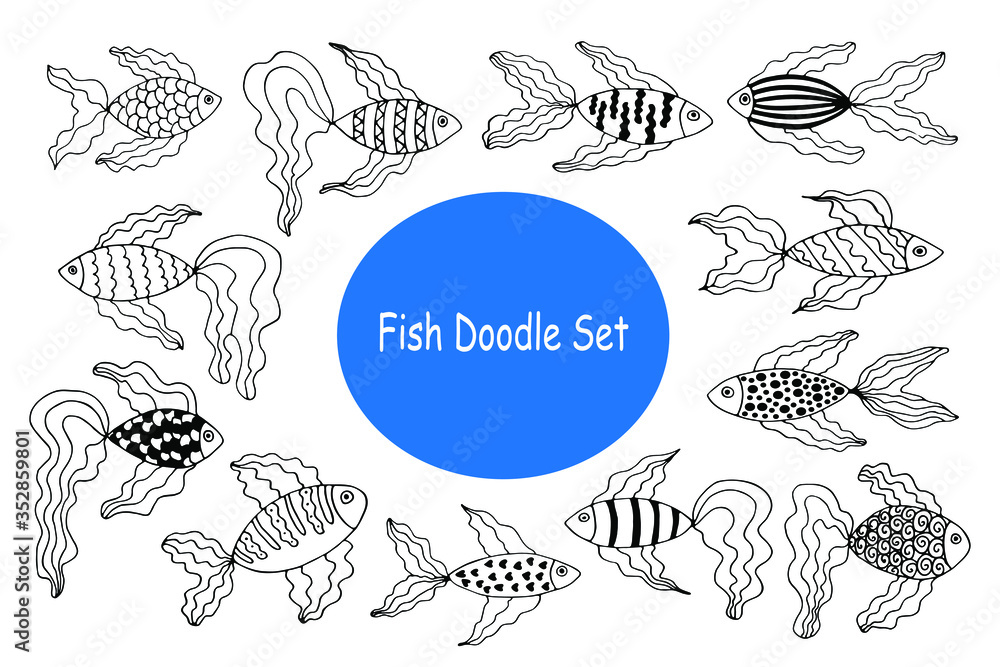 Set of vector hand drawn illustrations of fishes in doodle style. Stylized goldfish with wavy lines. Can use for print, web, greeting card, invitation. Set of vector hand drawn illustrations of fishes in doodle style. Stylized goldfish with wavy lines. Can use for print, web, greeting card, invitation.