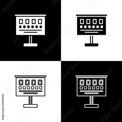 Set Eye test chart icon isolated on black and white background. Poster for vision testing in ophthalmic study. Snellen chart. Vector Illustration