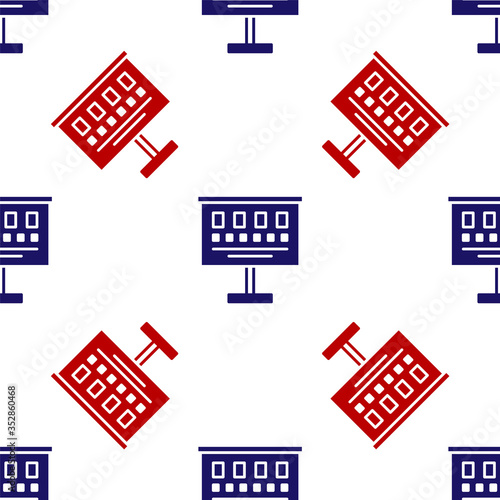 Blue and red Eye test chart icon isolated seamless pattern on white background. Poster for vision testing in ophthalmic study. Snellen chart. Vector Illustration